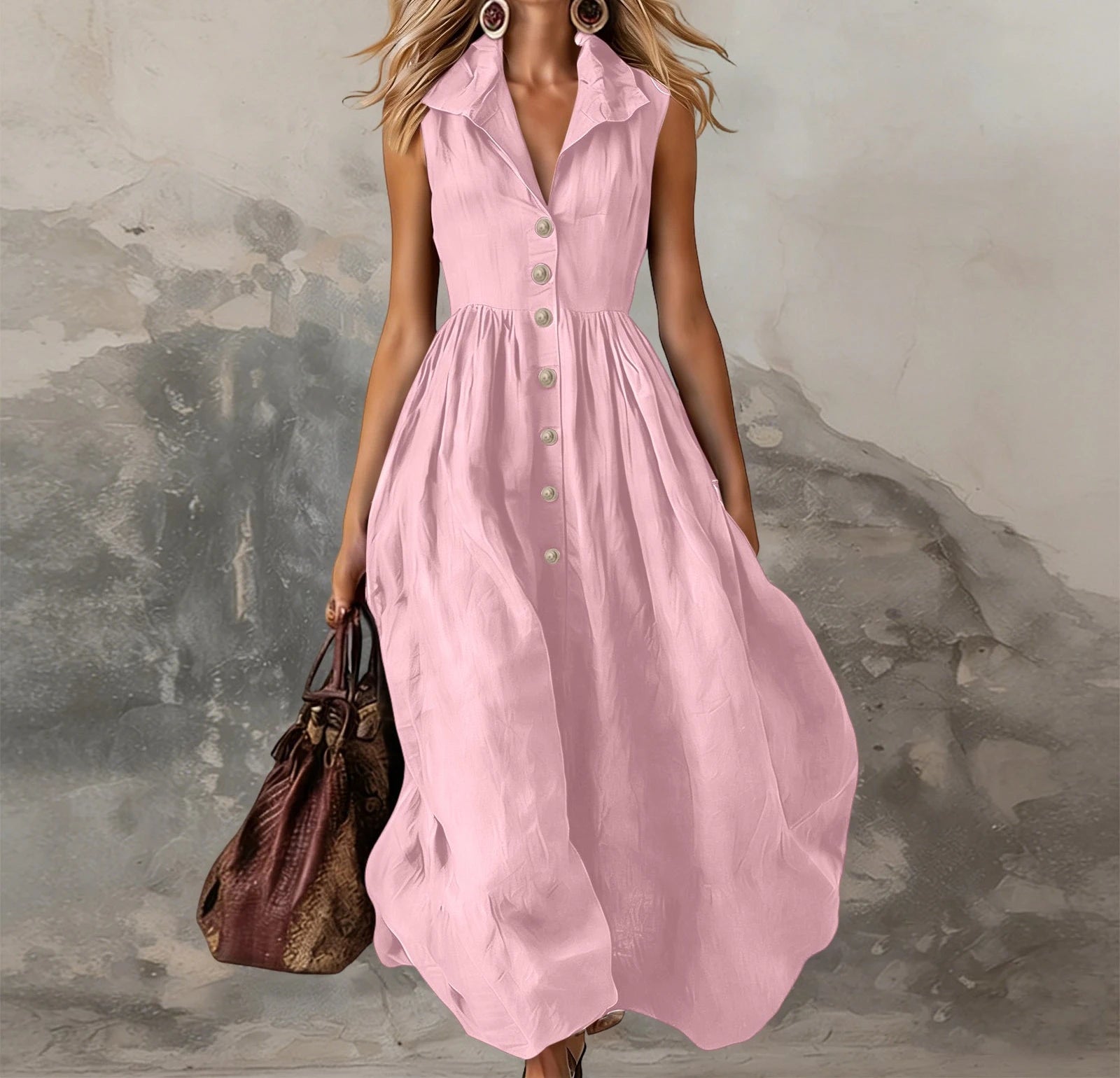 Women’s Sleeveless Lapel Button Maxi Dress – High-Waist Pleated White Dress