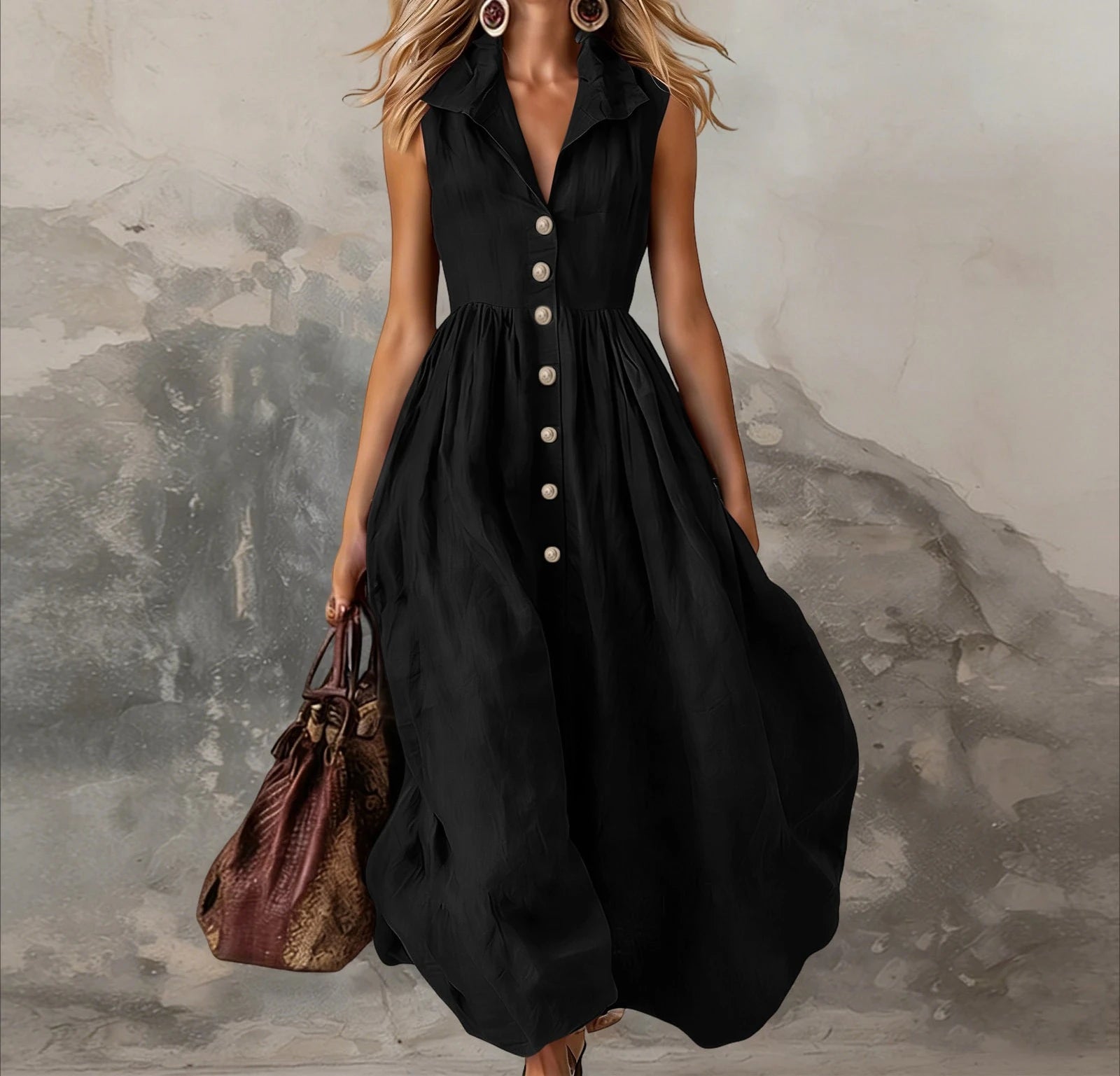 Women’s Sleeveless Lapel Button Maxi Dress – High-Waist Pleated White Dress
