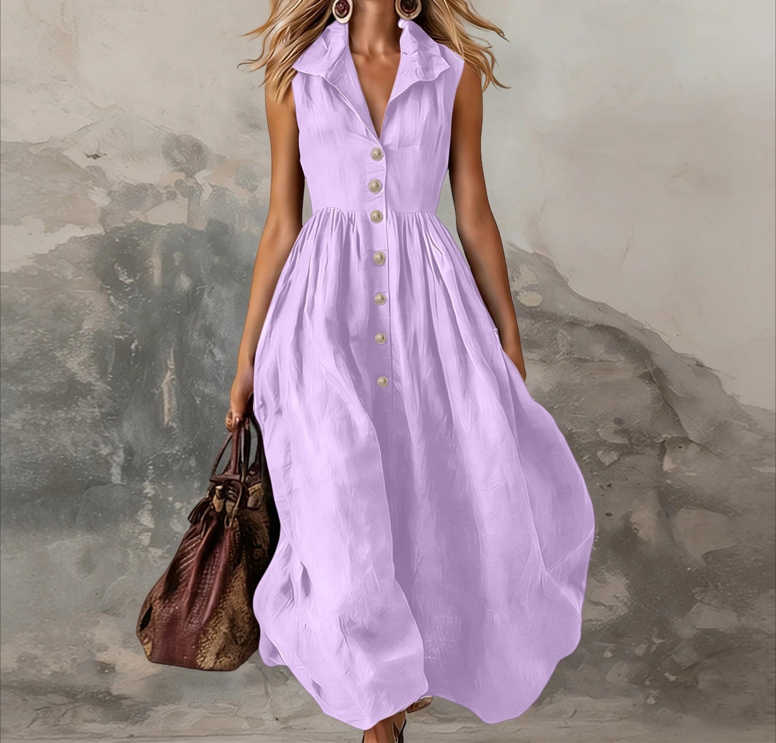 Women’s Sleeveless Lapel Button Maxi Dress – High-Waist Pleated White Dress