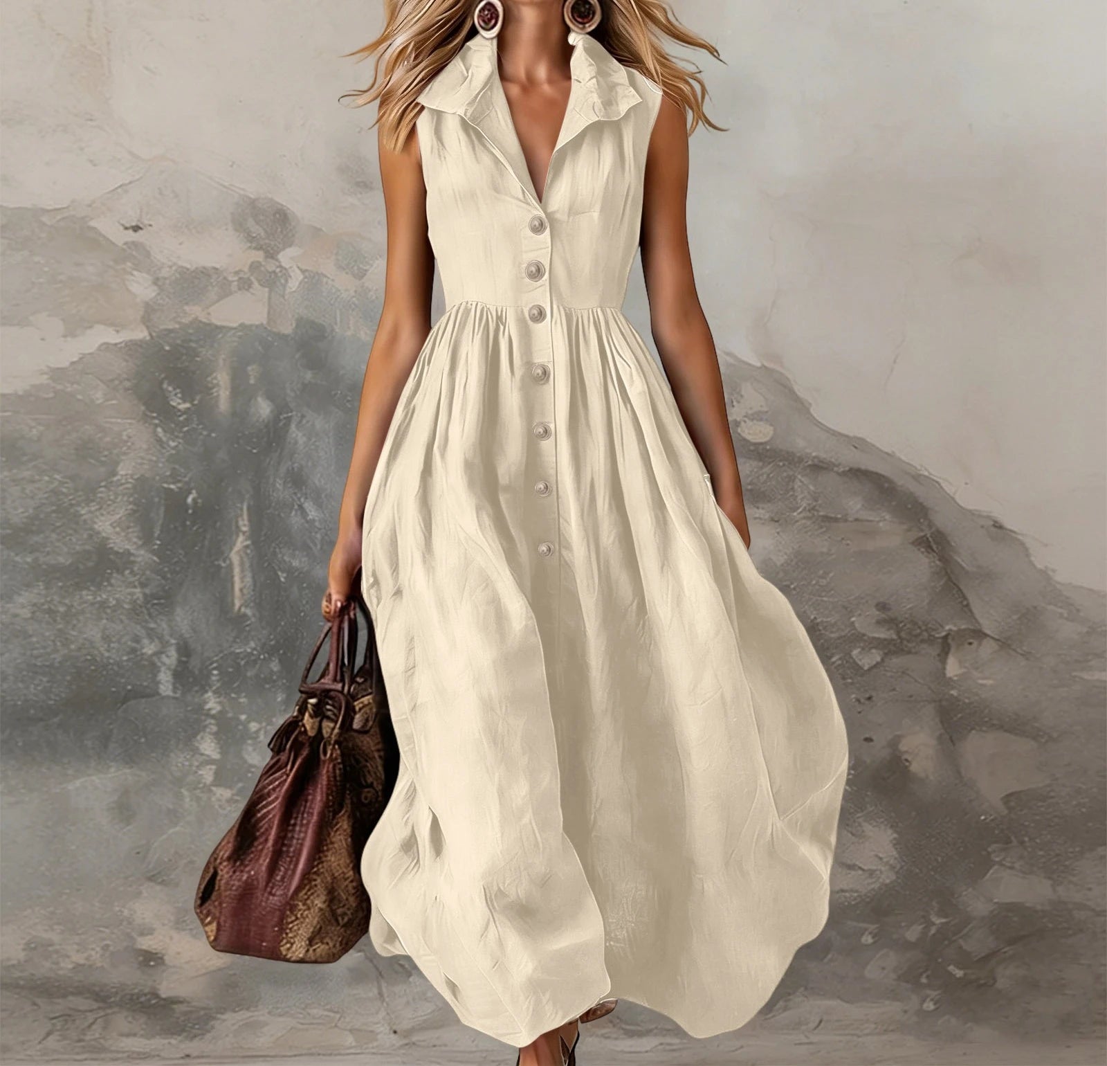 Women’s Sleeveless Lapel Button Maxi Dress – High-Waist Pleated White Dress