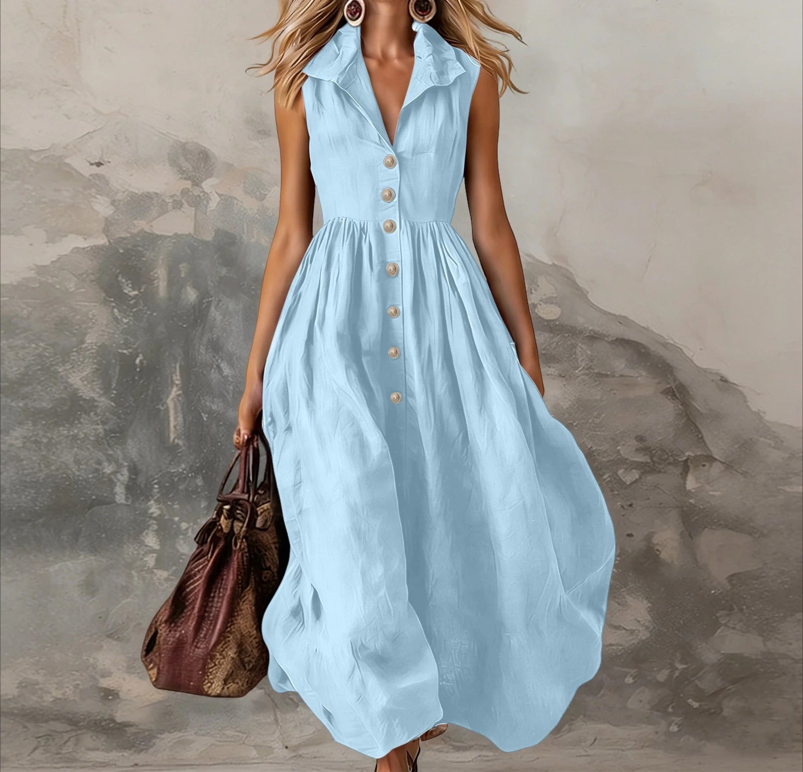 Women’s Sleeveless Lapel Button Maxi Dress – High-Waist Pleated White Dress