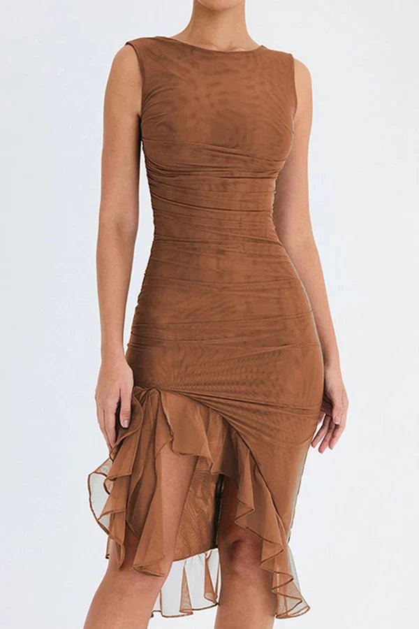 Women’s Stretch Mesh Ruched Midi Dress – Low Back Bodycon Party Dress