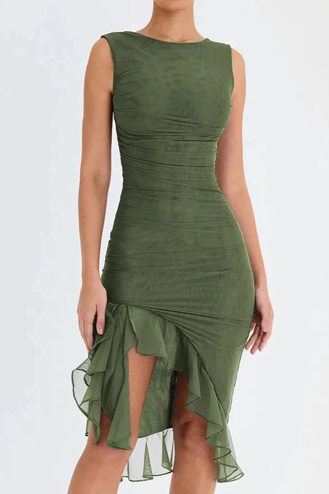 Women’s Stretch Mesh Ruched Midi Dress – Low Back Bodycon Party Dress