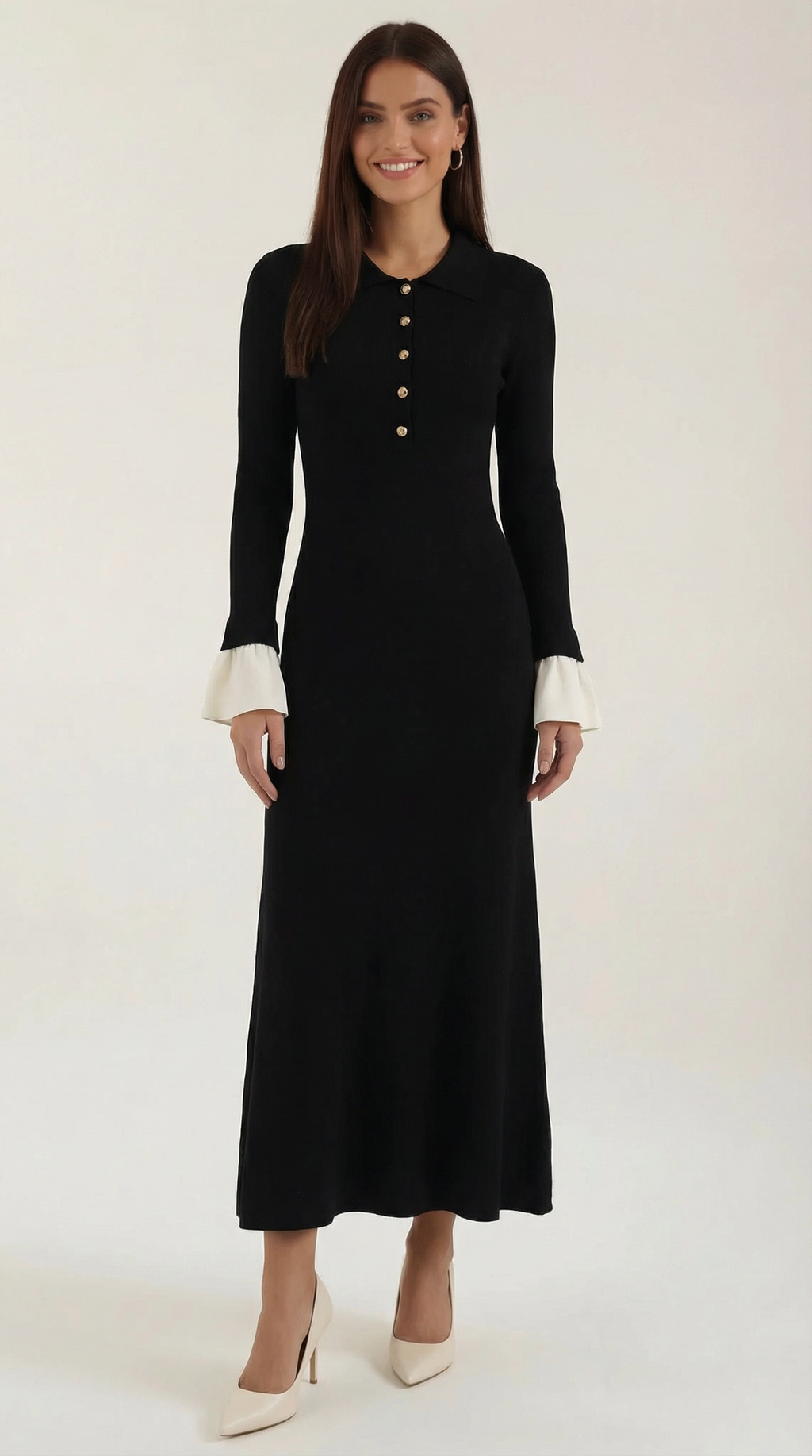 Charlotte Contrast Cuff Knit Maxi Dress – Polo Collar Elegant Statement Knit Dress