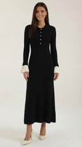 Charlotte Contrast Cuff Knit Maxi Dress – Polo Collar Elegant Statement Knit Dress