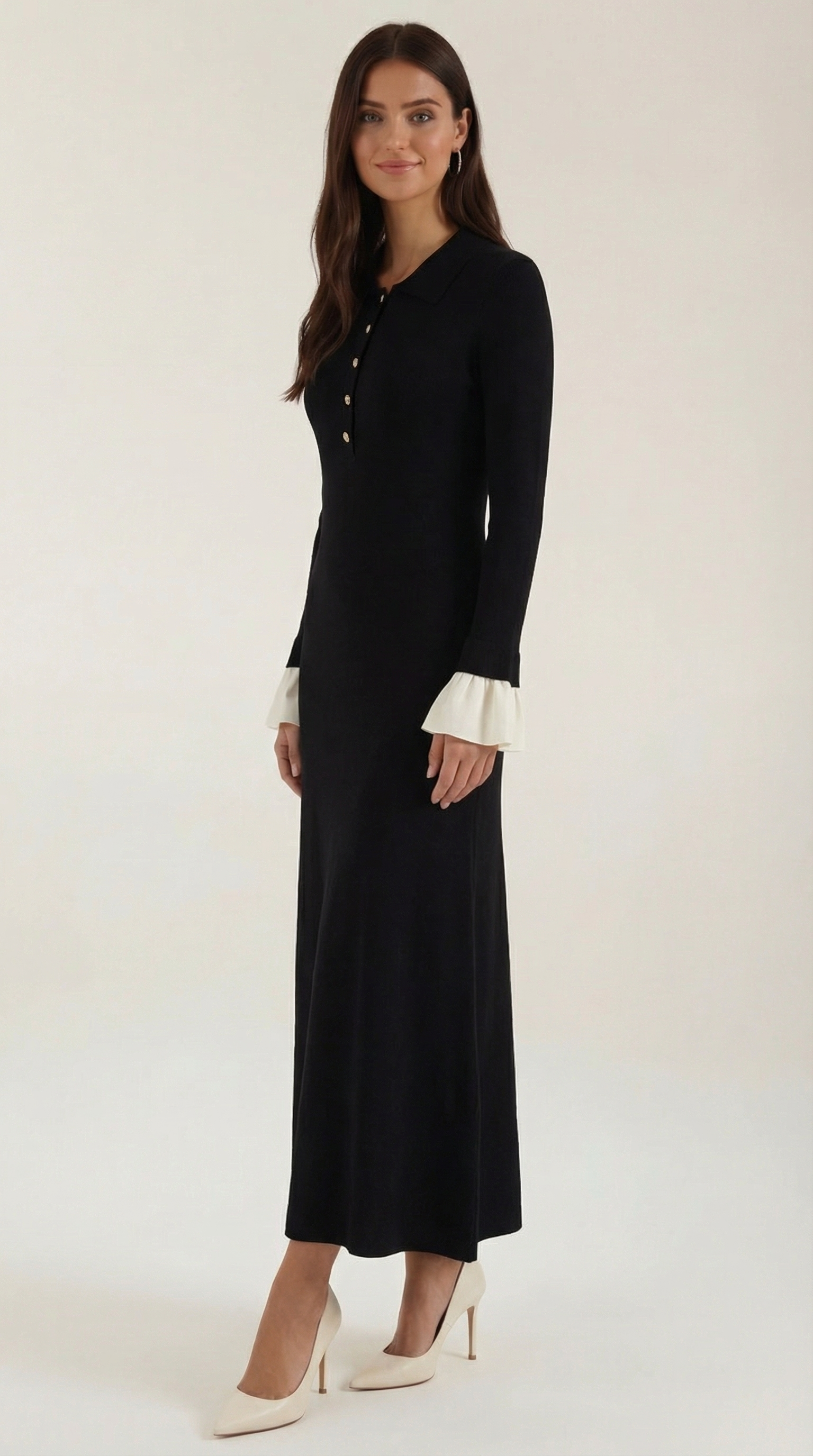 Charlotte Contrast Cuff Knit Maxi Dress – Polo Collar Elegant Statement Knit Dress