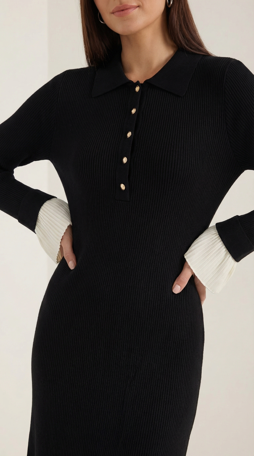 Charlotte Contrast Cuff Knit Maxi Dress – Polo Collar Elegant Statement Knit Dress