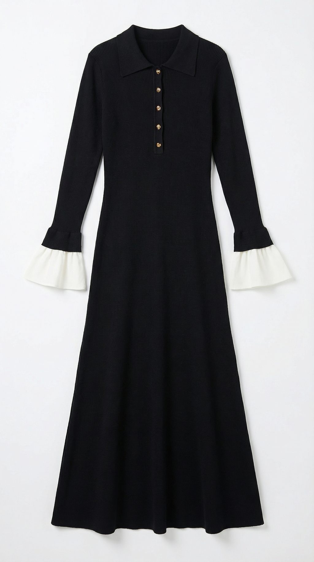 Charlotte Contrast Cuff Knit Maxi Dress – Polo Collar Elegant Statement Knit Dress