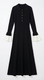 Charlotte Contrast Cuff Knit Maxi Dress – Polo Collar Elegant Statement Knit Dress