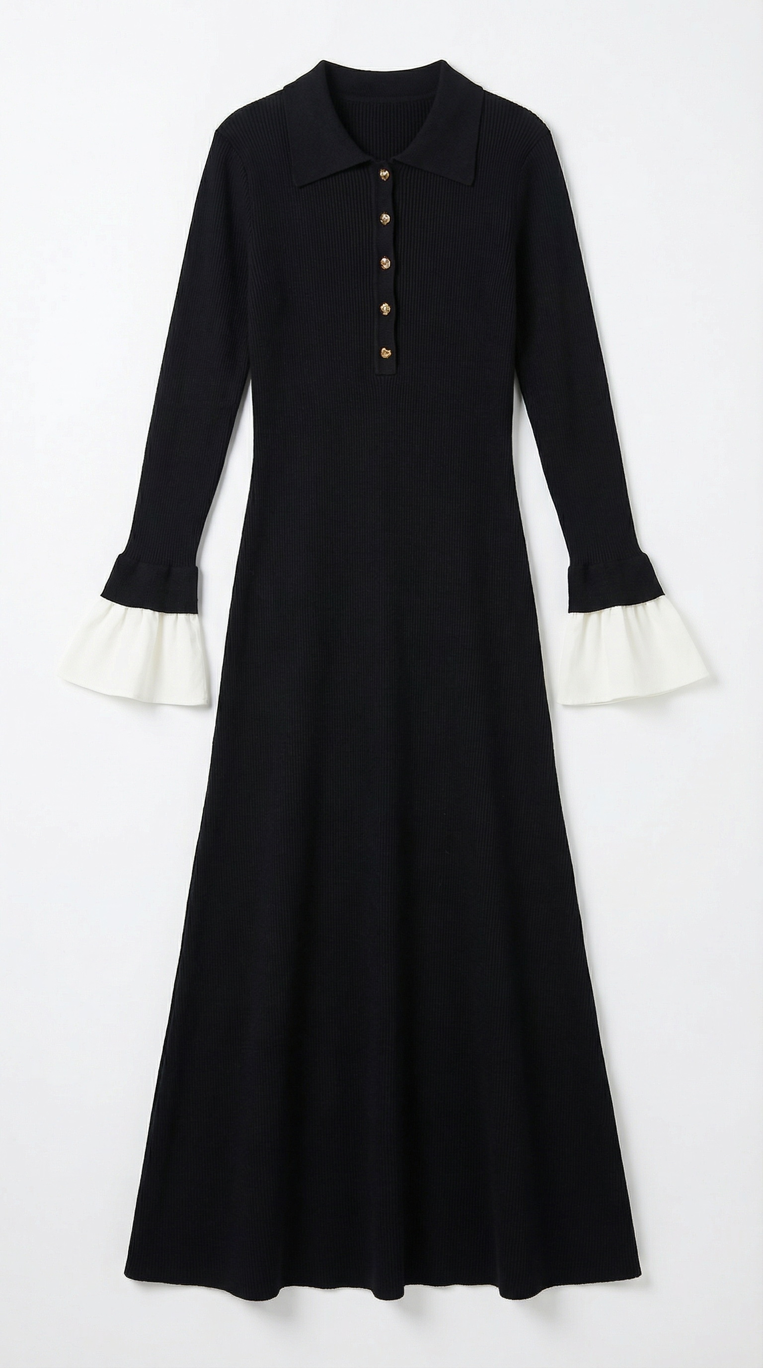 Charlotte Contrast Cuff Knit Maxi Dress – Polo Collar Elegant Statement Knit Dress