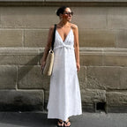 Women's White Linen Maxi Dress Summer Beach Vacation Boho Tiered Spaghetti Strap Sundress