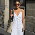 Women's White Linen Maxi Dress Summer Beach Vacation Boho Tiered Spaghetti Strap Sundress