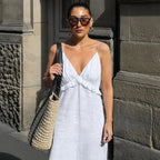 Women's White Linen Maxi Dress Summer Beach Vacation Boho Tiered Spaghetti Strap Sundress
