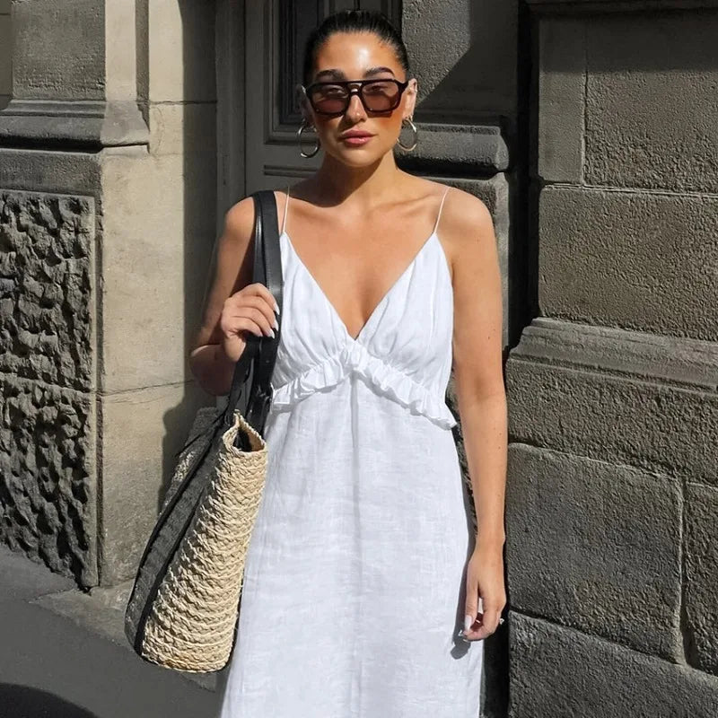 Women's White Linen Maxi Dress Summer Beach Vacation Boho Tiered Spaghetti Strap Sundress