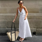 Women's White Linen Maxi Dress Summer Beach Vacation Boho Tiered Spaghetti Strap Sundress