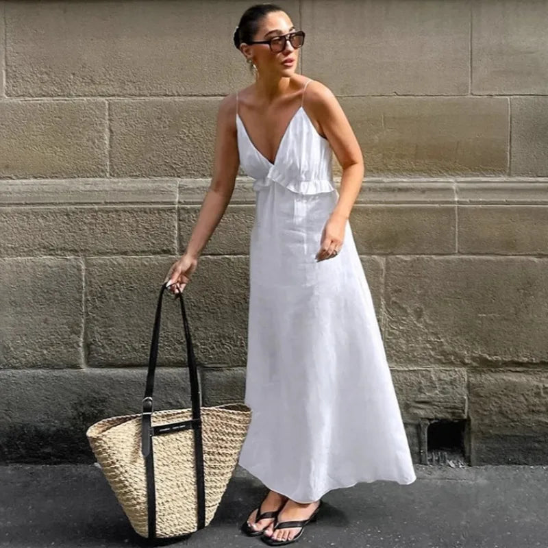 Women's White Linen Maxi Dress Summer Beach Vacation Boho Tiered Spaghetti Strap Sundress