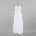 Women's White Linen Maxi Dress Summer Beach Vacation Boho Tiered Spaghetti Strap Sundress