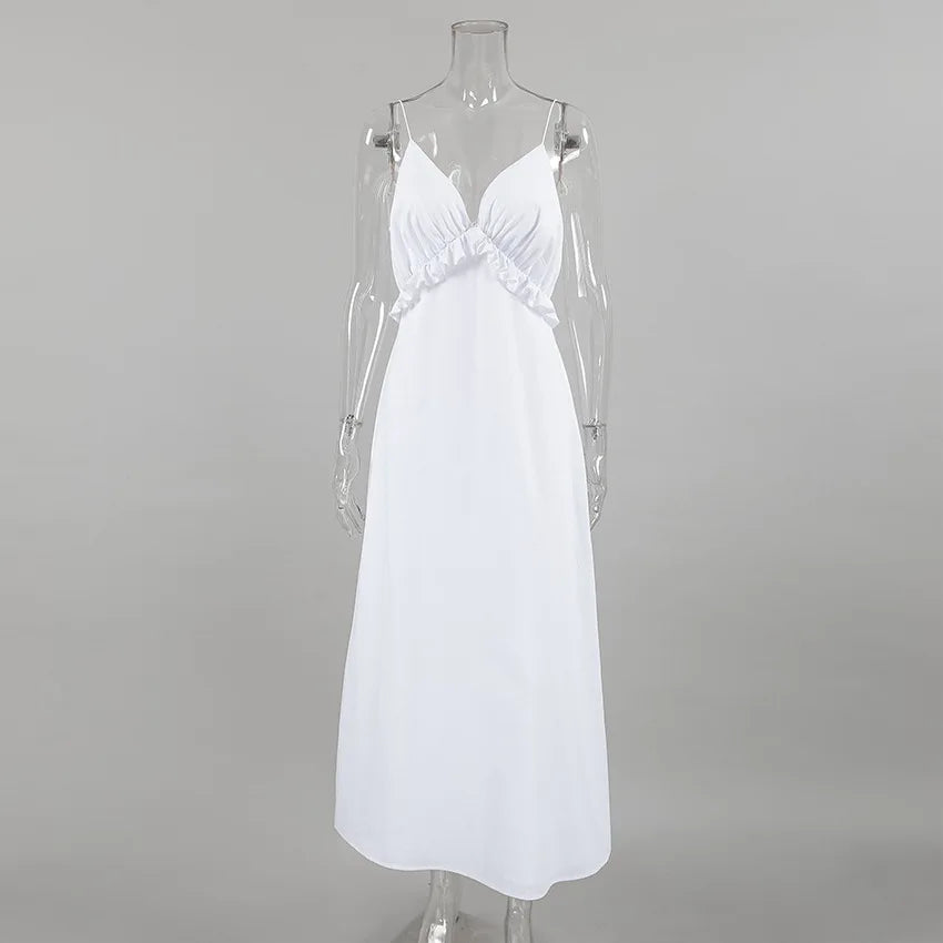 Women's White Linen Maxi Dress Summer Beach Vacation Boho Tiered Spaghetti Strap Sundress