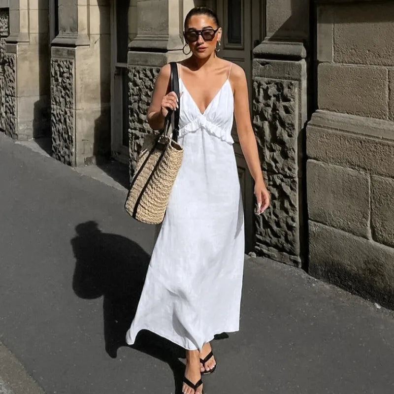 Women's White Linen Maxi Dress Summer Beach Vacation Boho Tiered Spaghetti Strap Sundress
