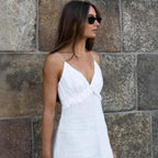 Women's White Linen Maxi Dress Summer Beach Vacation Boho Tiered Spaghetti Strap Sundress