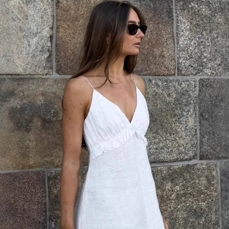 Women's White Linen Maxi Dress Summer Beach Vacation Boho Tiered Spaghetti Strap Sundress