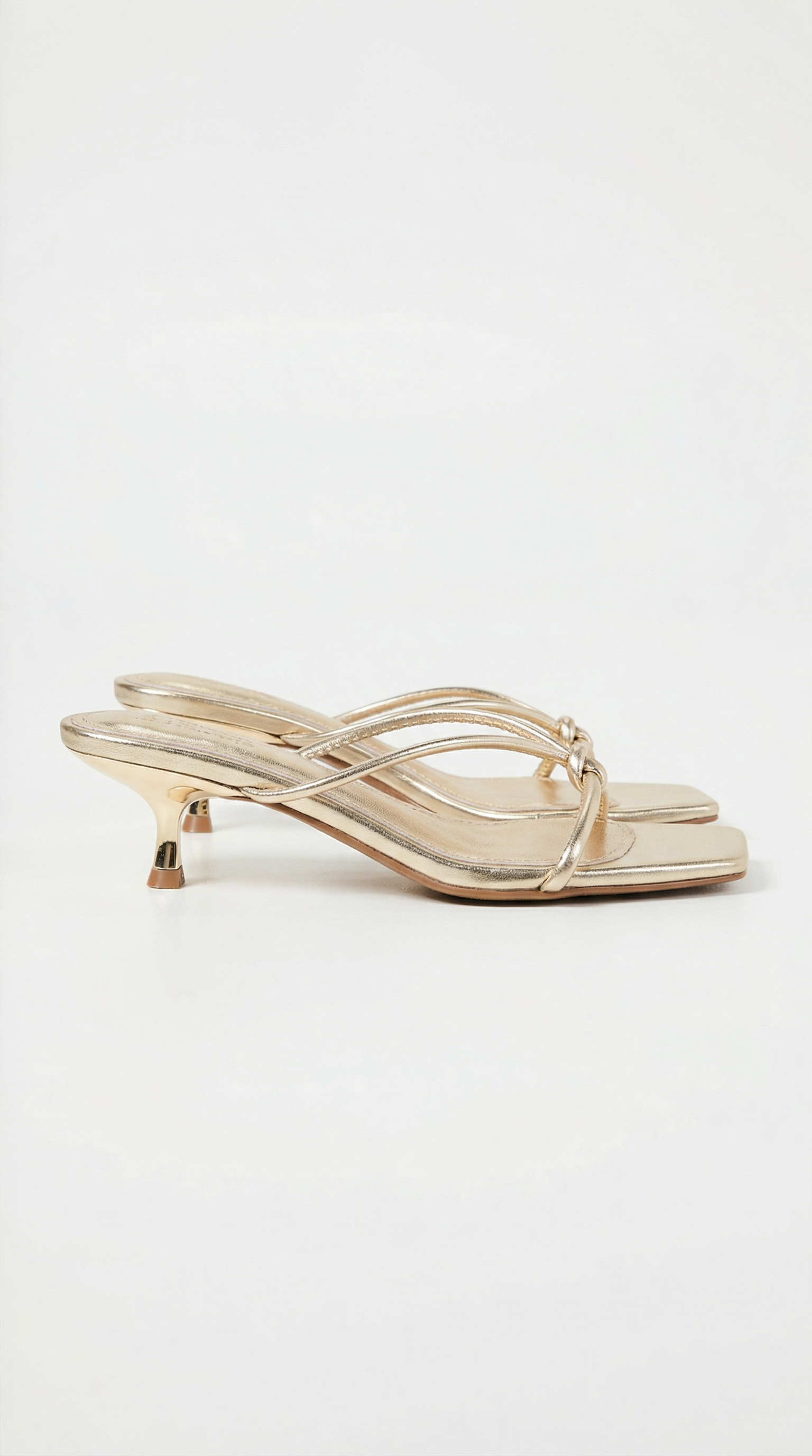 Gold Metallic Square Toe Knotted Strappy Kitten Heel Sandals  Women's Glamorous Multi-Strap Mule Heels