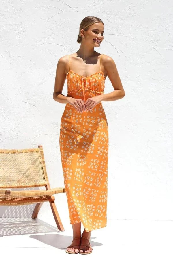 Clarabelle Floral Ruffle Midi Dress for Women – Elegant Square Neck Summer Dress