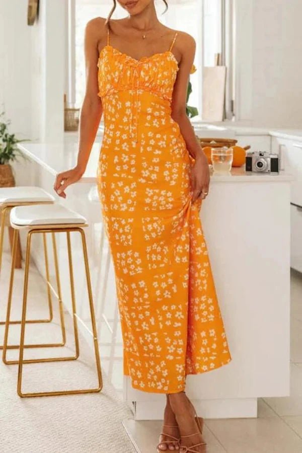 Clarabelle Floral Ruffle Midi Dress for Women – Elegant Square Neck Summer Dress