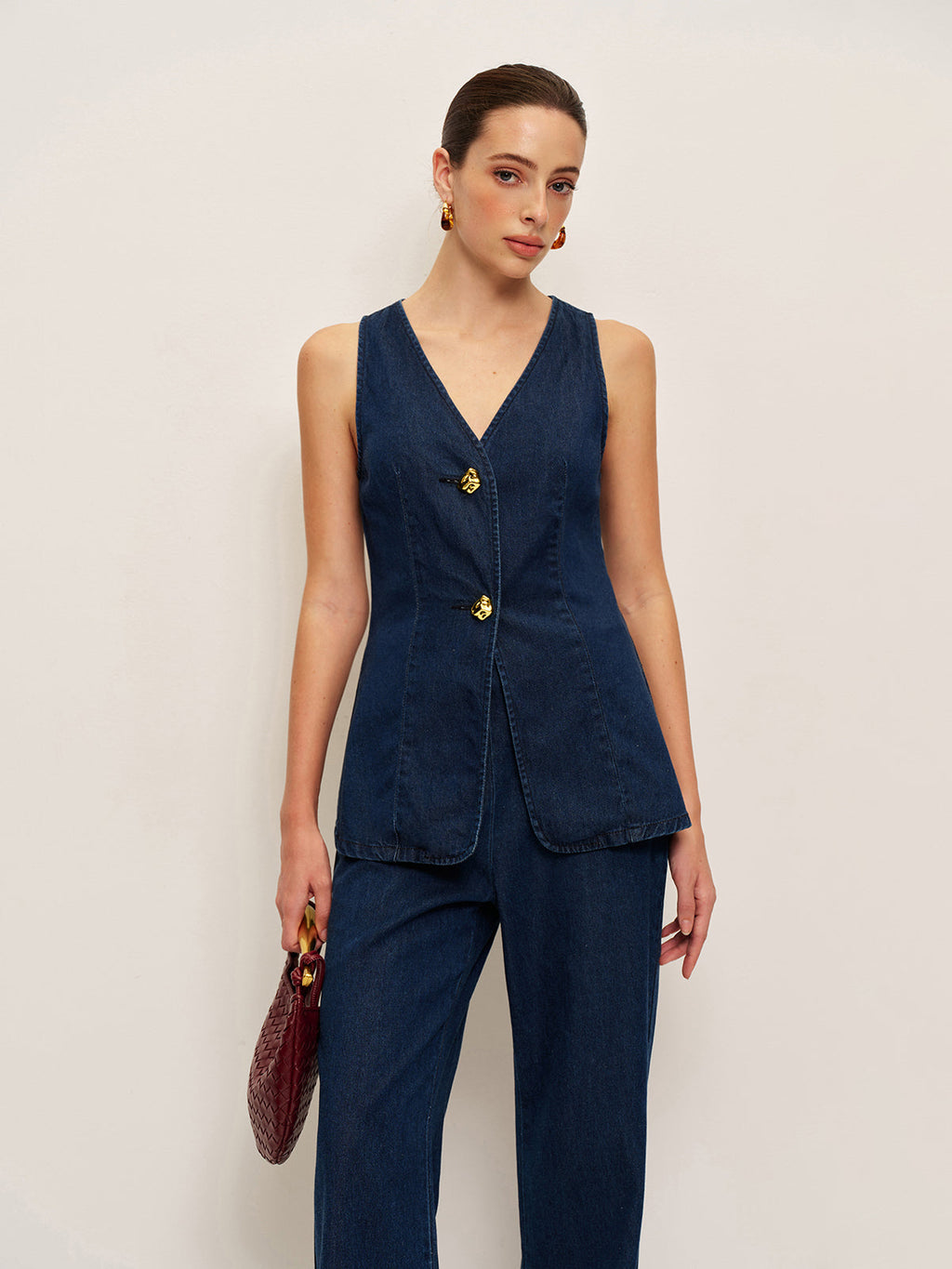 Women’s Tencel Denim Sleeveless Long Top — Shift Fit Metal Detail Casual Work Leisure Tunic Blouse