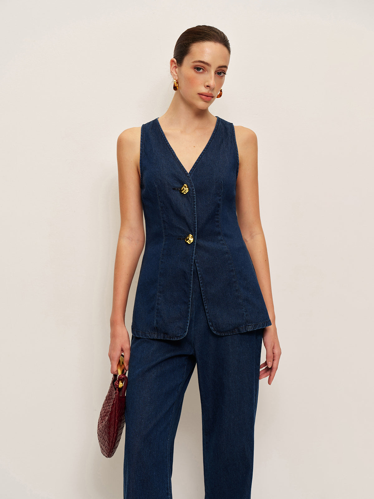 Women’s Tencel Denim Sleeveless Long Top — Shift Fit Metal Detail Casual Work Leisure Tunic Blouse