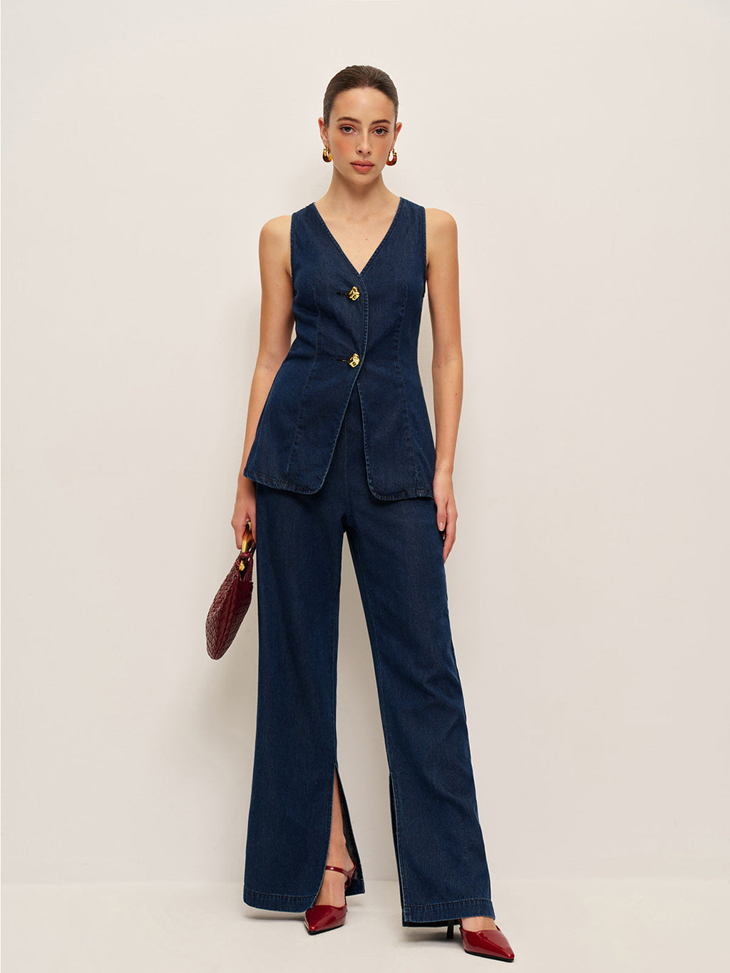 Women’s Tencel Denim Sleeveless Long Top — Shift Fit Metal Detail Casual Work Leisure Tunic Blouse