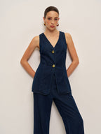 Women’s Tencel Denim Sleeveless Long Top — Shift Fit Metal Detail Casual Work Leisure Tunic Blouse