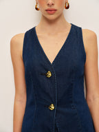 Women’s Tencel Denim Sleeveless Long Top — Shift Fit Metal Detail Casual Work Leisure Tunic Blouse