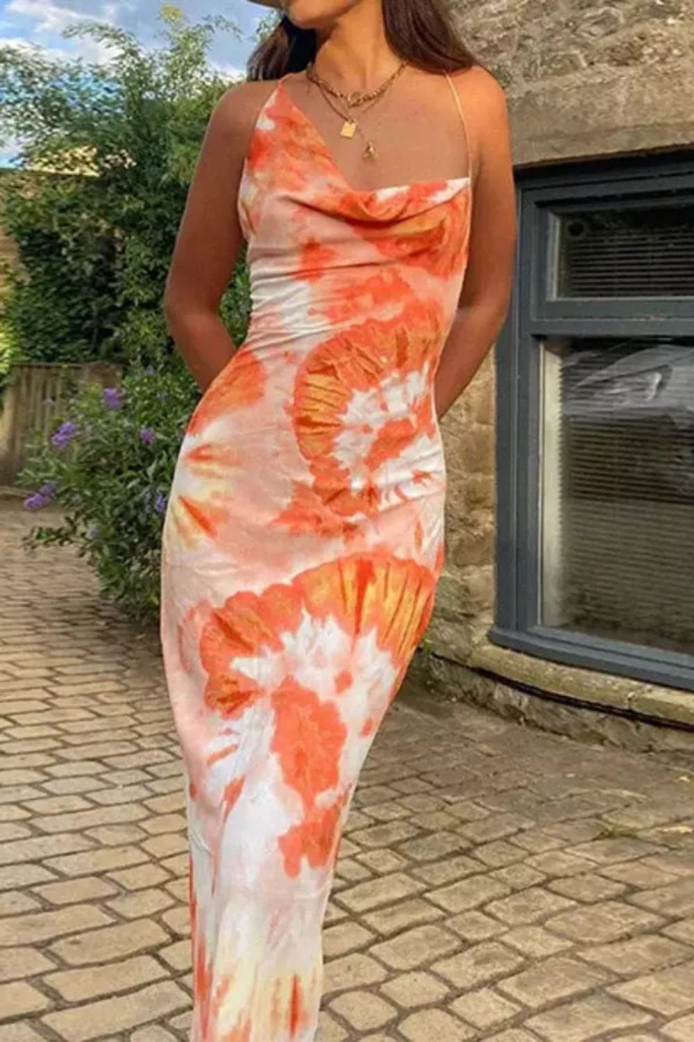 Sunset Tie-Dye Satin Slip Dress – Adjustable Backless Cowl Neck Maxi Dress