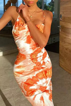 Sunset Tie-Dye Satin Slip Dress – Adjustable Backless Cowl Neck Maxi Dress