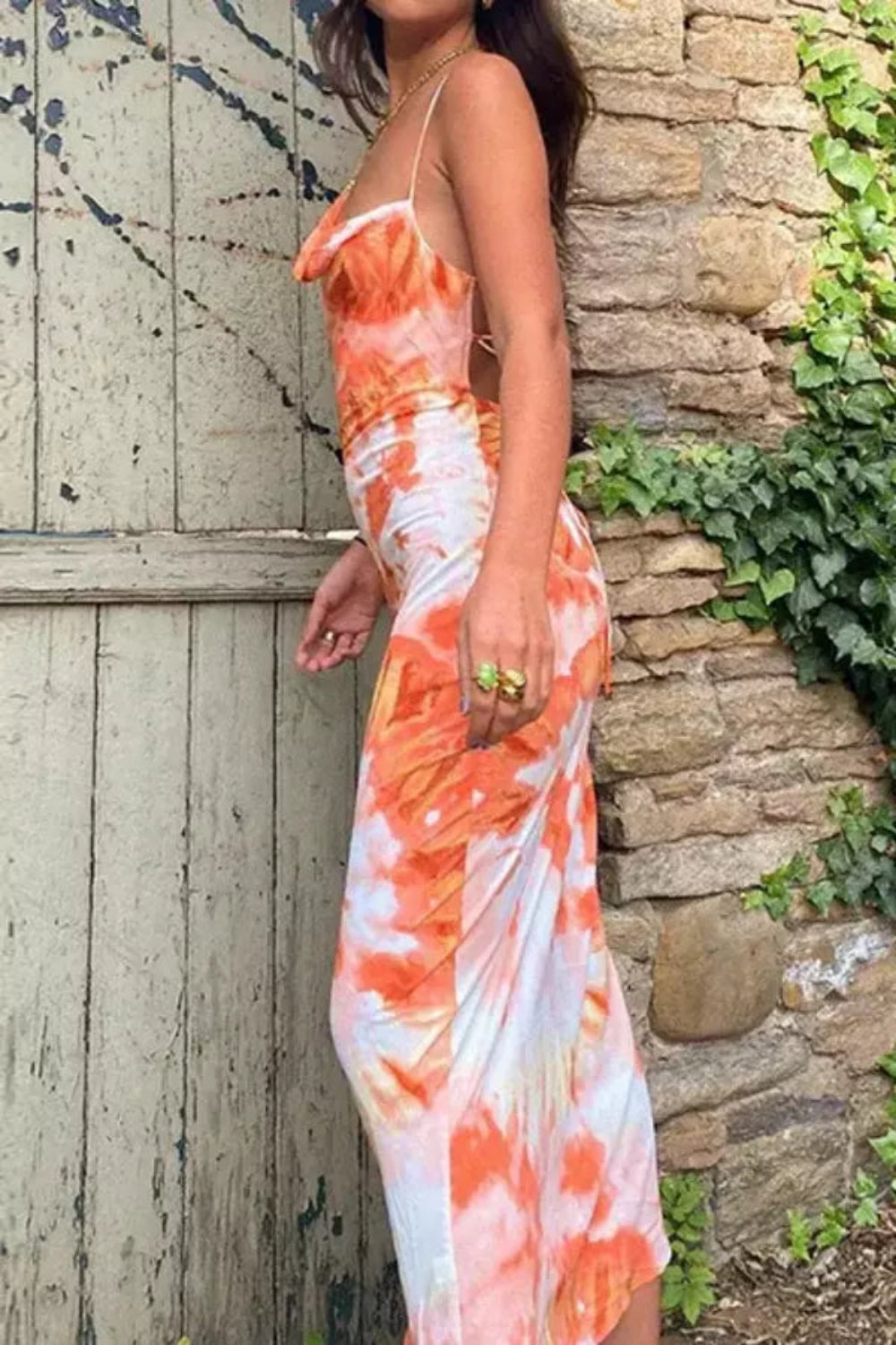 Sunset Tie-Dye Satin Slip Dress – Adjustable Backless Cowl Neck Maxi Dress