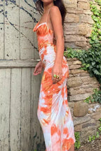 Sunset Tie-Dye Satin Slip Dress – Adjustable Backless Cowl Neck Maxi Dress