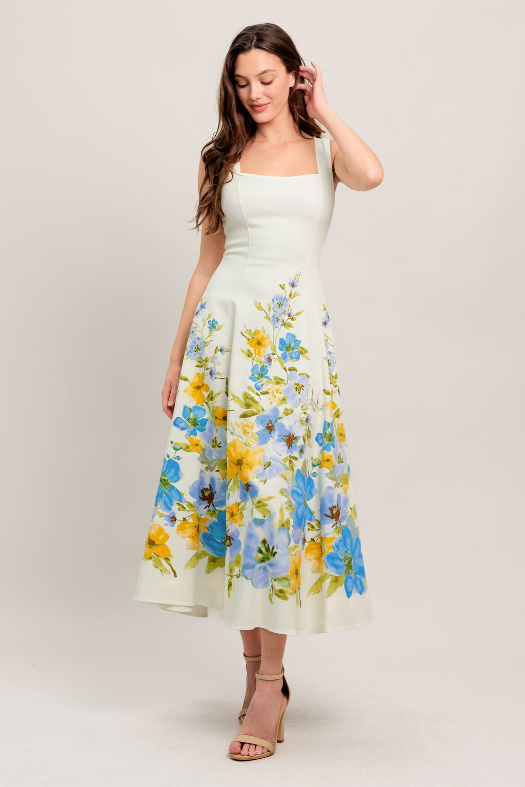 Women's White Midi Dress with Square Neckline