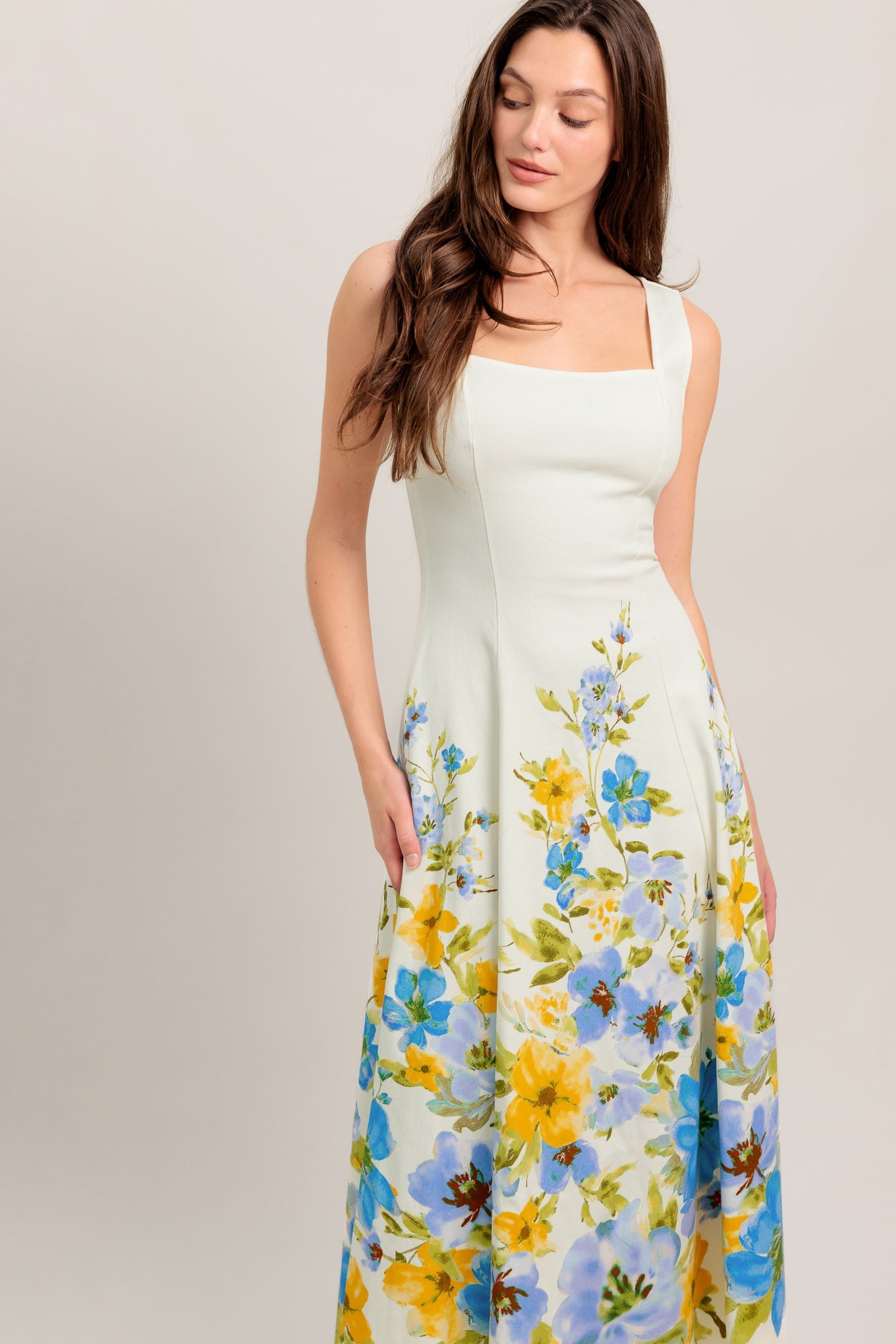 Women's White Midi Dress with Square Neckline