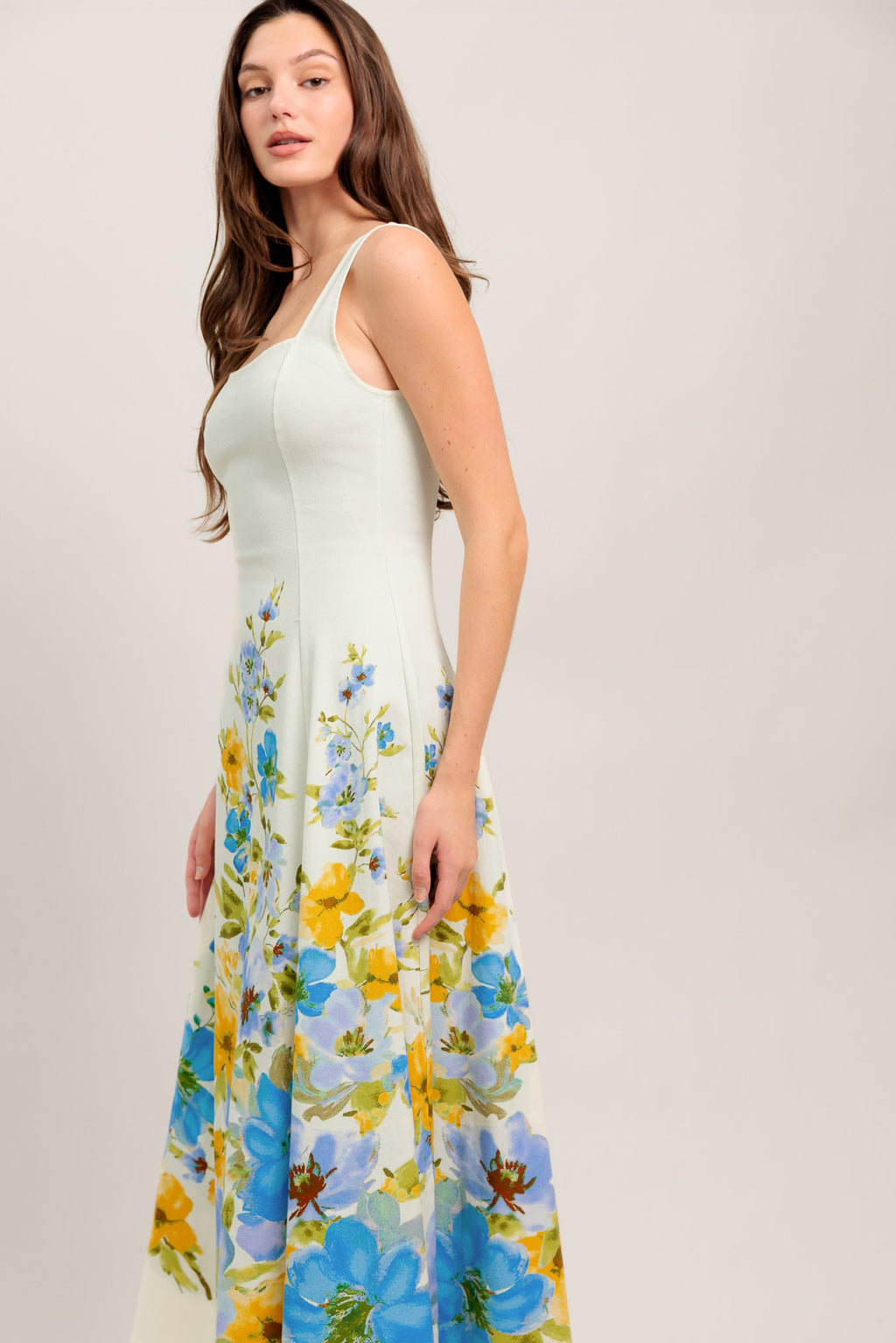 Women's White Midi Dress with Square Neckline