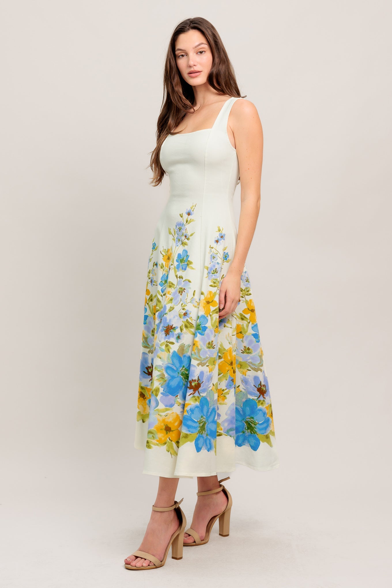 Women's White Midi Dress with Square Neckline