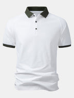 Men’s Contrast Collar Polo Shirt – White with Olive Ribbed Trim Breathable Textured Smart Casual Regular Fit