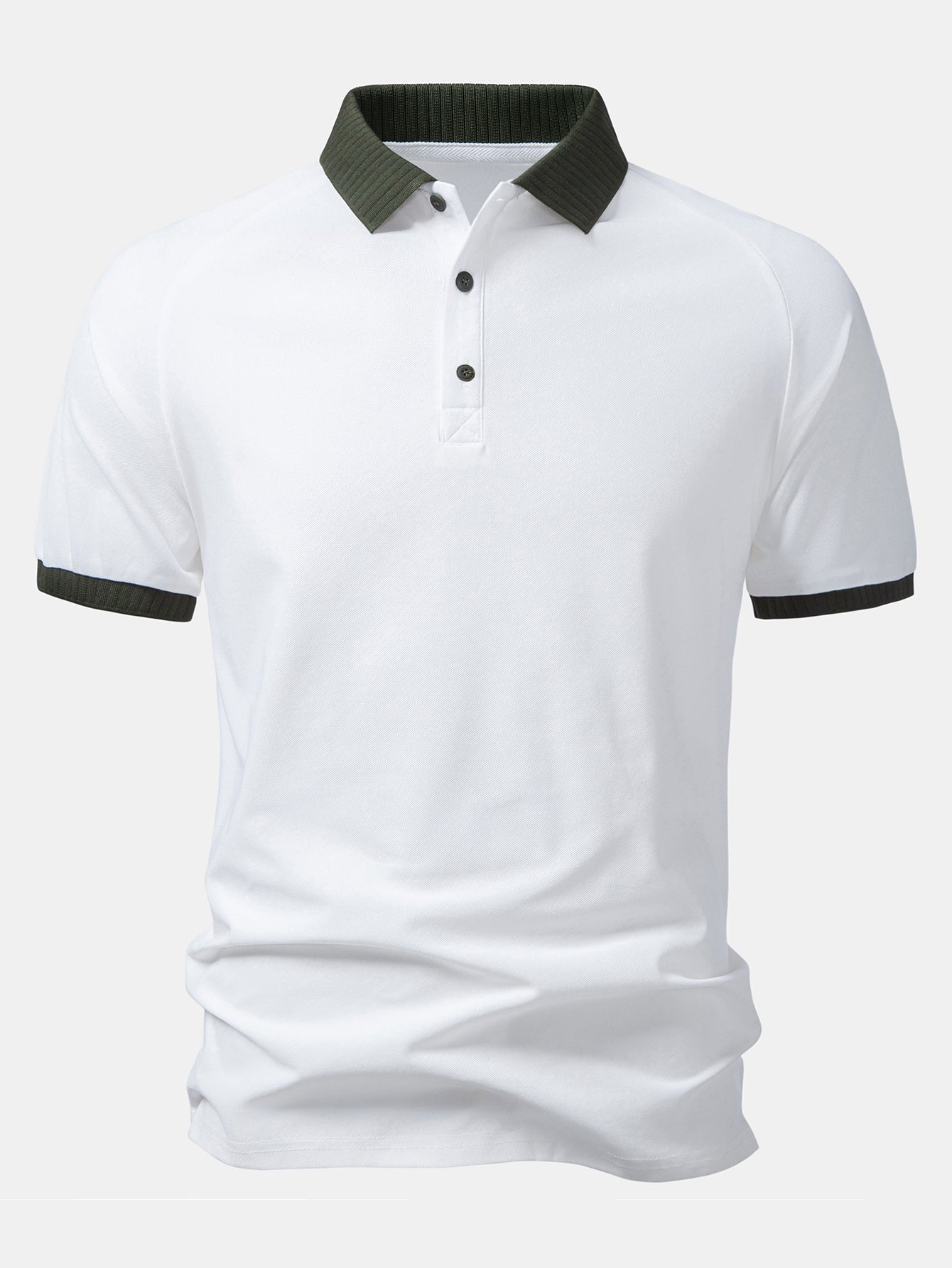 Men’s Contrast Collar Polo Shirt – White with Olive Ribbed Trim Breathable Textured Smart Casual Regular Fit