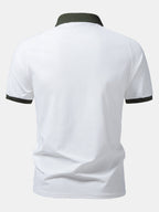 Men’s Contrast Collar Polo Shirt – White with Olive Ribbed Trim Breathable Textured Smart Casual Regular Fit