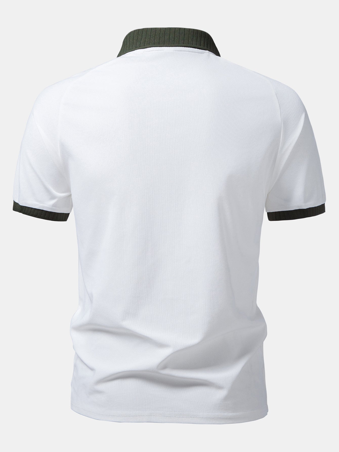 Men’s Contrast Collar Polo Shirt – White with Olive Ribbed Trim Breathable Textured Smart Casual Regular Fit