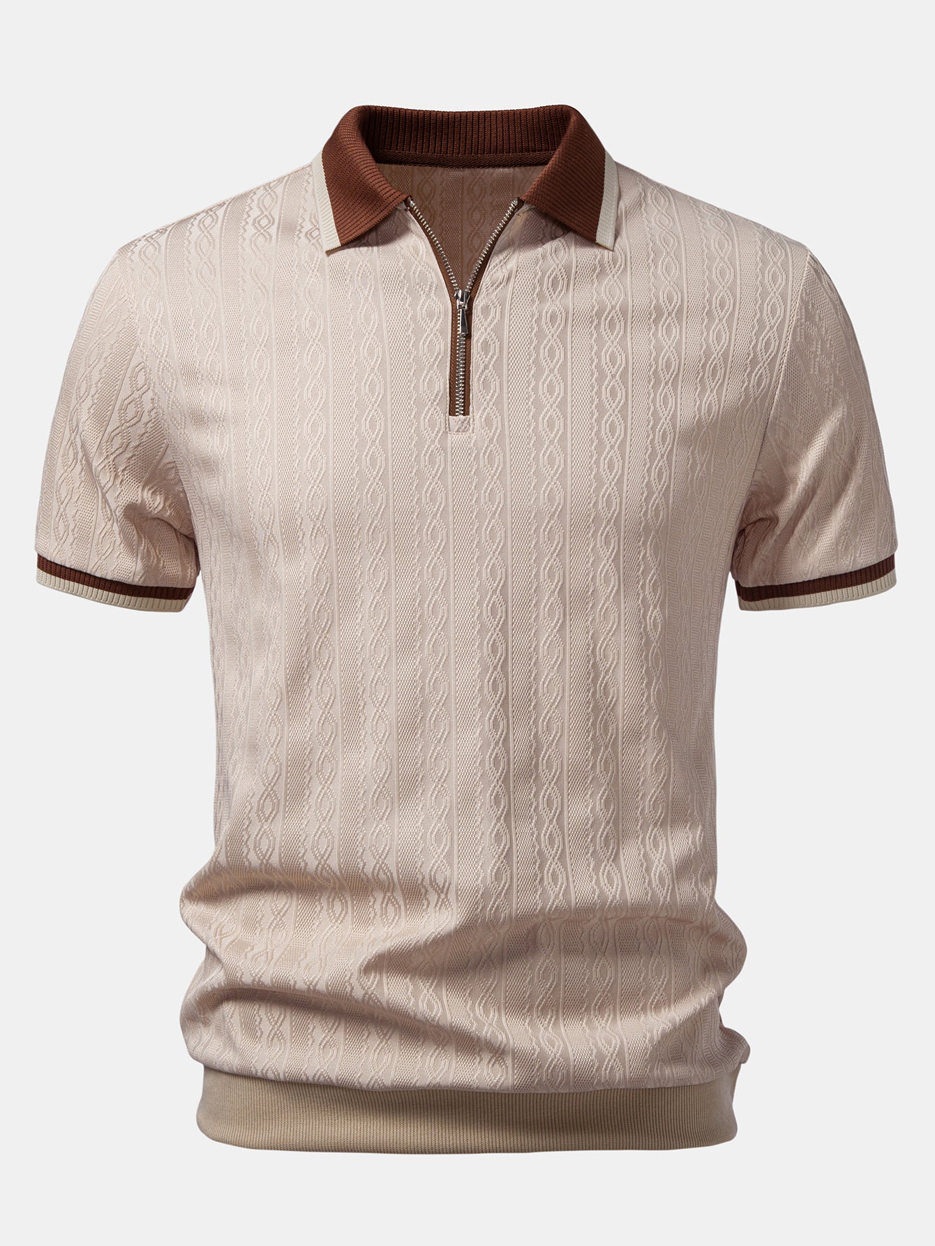 Men’s Twisted Jacquard Quarter-Zip Polo Shirt – Textured Breathable Smart Casual Regular Fit Top
