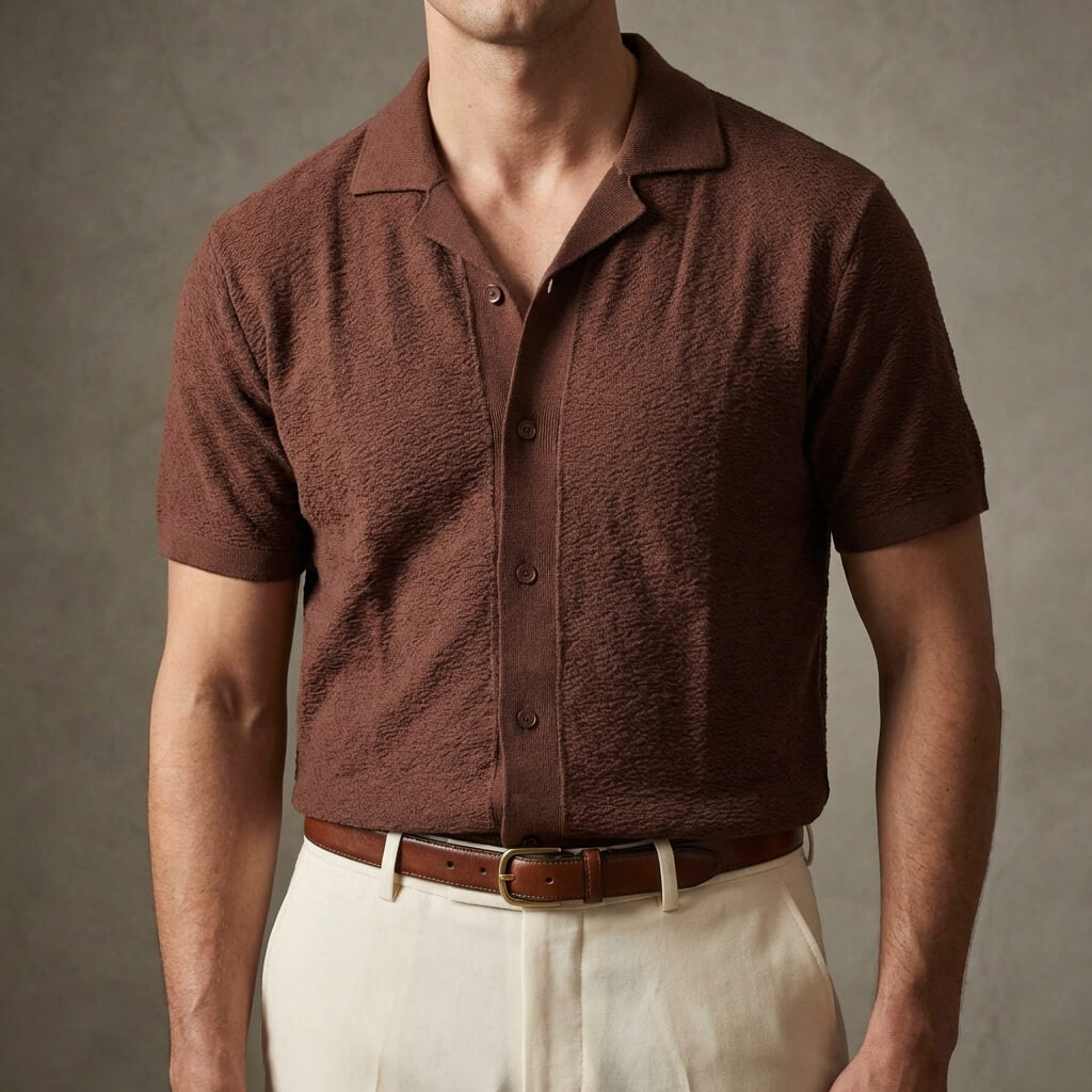 Men’s Short Sleeve Camp Collar Shirt – Ultrasoft Textured Knit Button-Up Casual Shirt