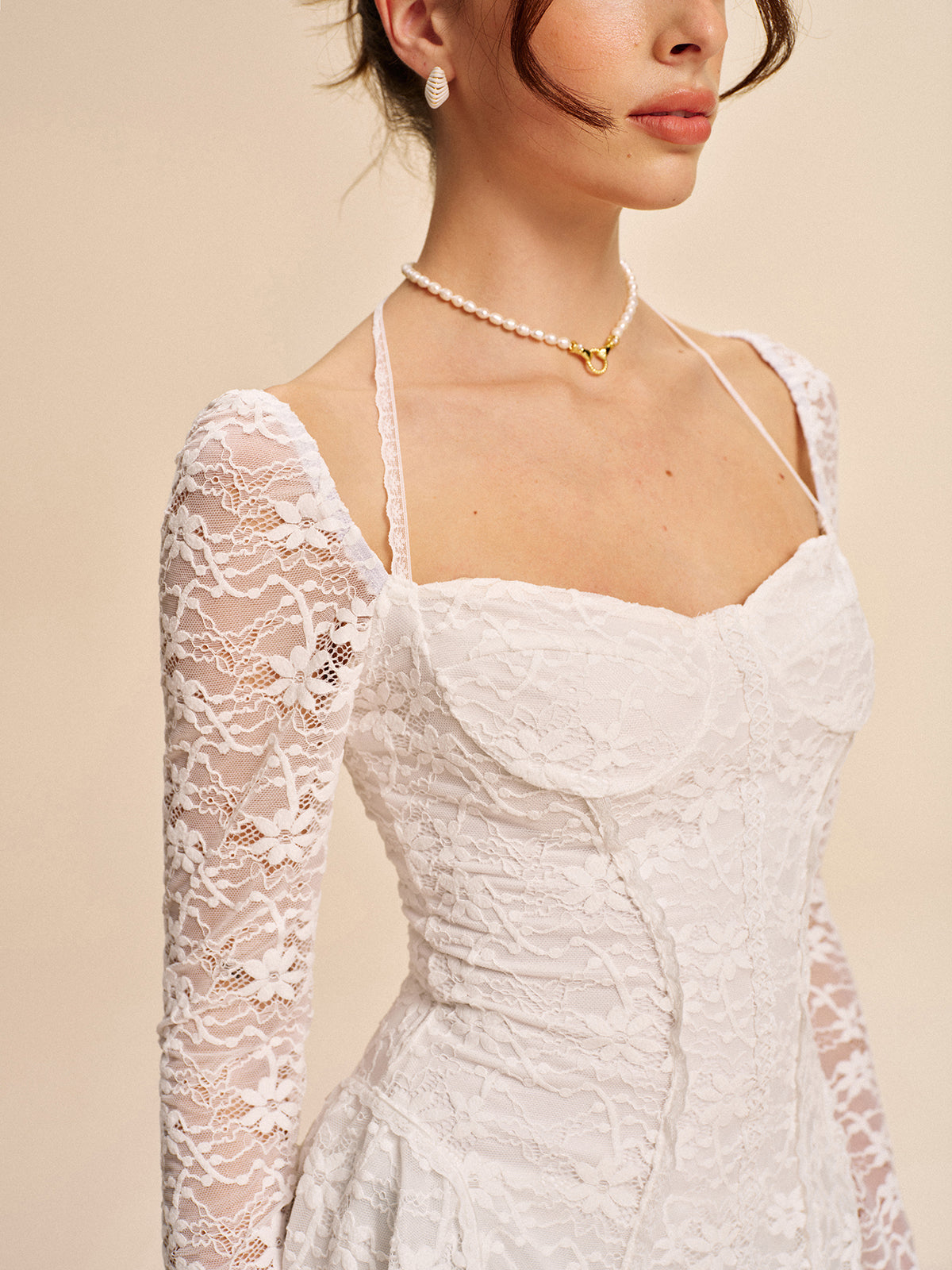 Women’s Lace Halter Tie-Neck Long Sleeve Mini Dress