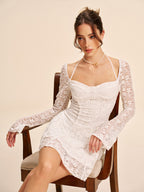Women’s Lace Halter Tie-Neck Long Sleeve Mini Dress