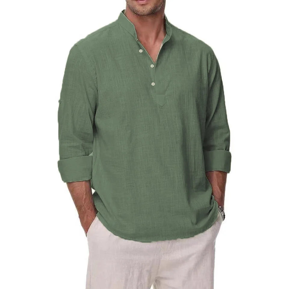 Men’s Cotton Linen Stand Collar Shirt – Lightweight Long Sleeve Casual Comfort Top